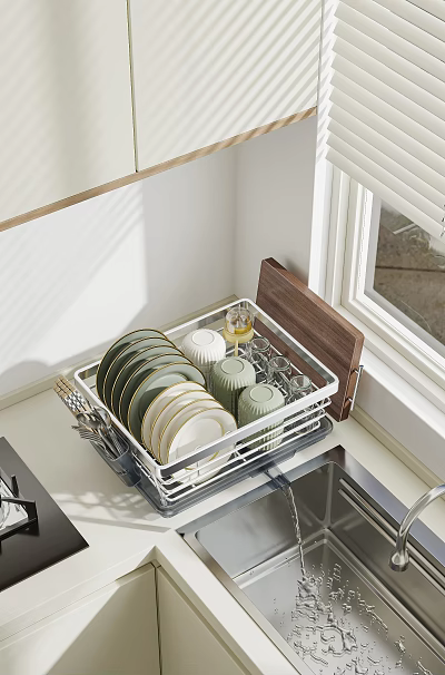 Organized Kitchenware Drying Rack With Plates Cups And Glasses Near Window 3d model