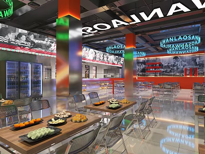 Modern Roadway Restaurant Interior With Neon Lights Vintage Posters Dining Tables And Food 3d model