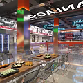 Modern Roadway Restaurant Interior With Neon Lights Vintage Posters Dining Tables And Food