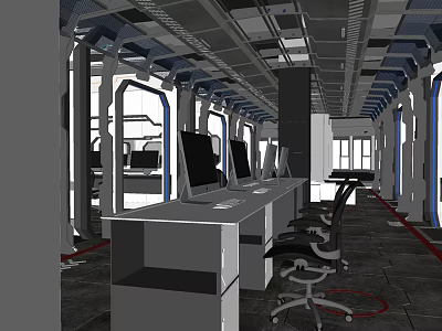 Modern Internet Cafe Interior With Computers Desks And Ergonomic Gaming Chairs 3d model