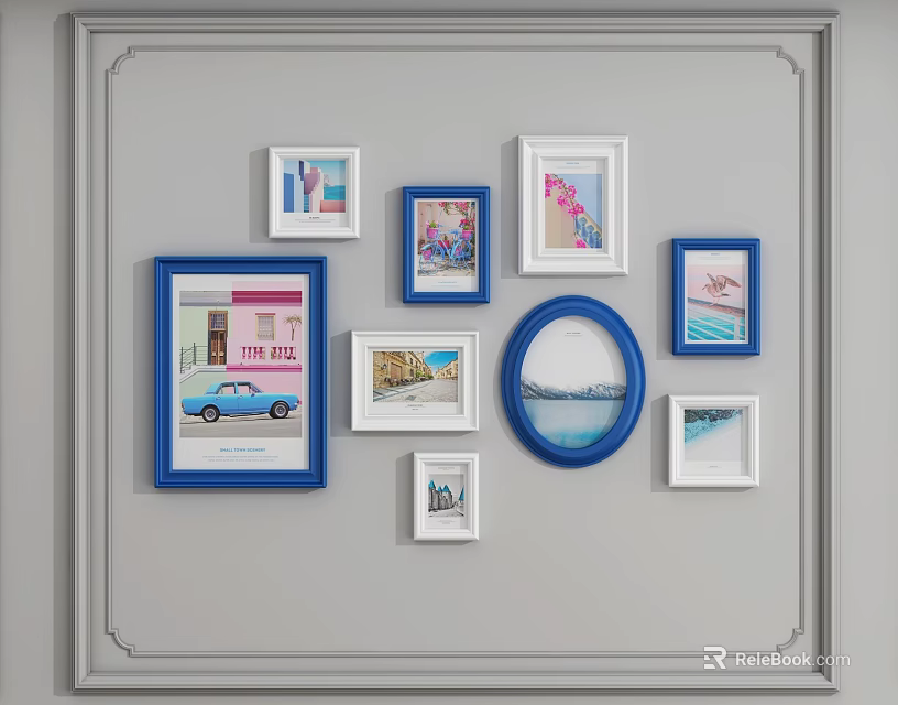 Stylish Photo Wall With Blue And White Square Round Frames Scenery Car Architecture 3d model 