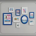 Stylish Photo Wall With Blue And White Square Round Frames Scenery Car Architecture 3d model
