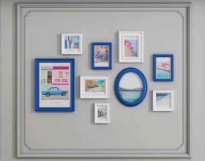 Stylish Photo Wall With Blue And White Square Round Frames Scenery Car Architecture 3d model