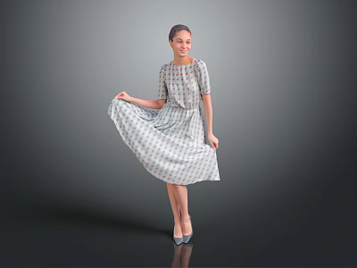 Woman Lifting Patterned Dress Standing With High Heels On Gray Background 3d model