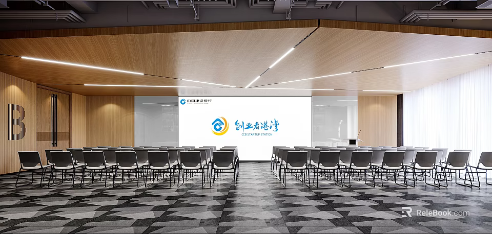 Modern Conference Room With Large Screen Manufacturing Bay Arranged Chairs Wooden Walls And Geometric Carpet 3d model 