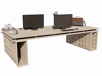 Modern Office Desk With Two Monitors Desk Lamp Water Cup And Brown Bag Hollow Legs 3d model