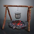 Outdoor Arbor Made Of Wooden Poles With Hanging Pot Over Burning Campfire Stones