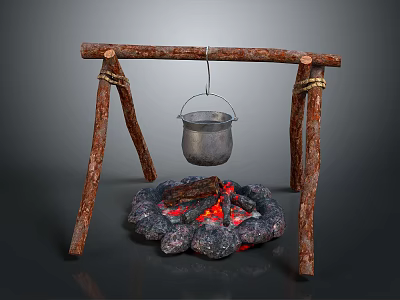 Outdoor Arbor Made Of Wooden Poles With Hanging Pot Over Burning Campfire Stones 3d model