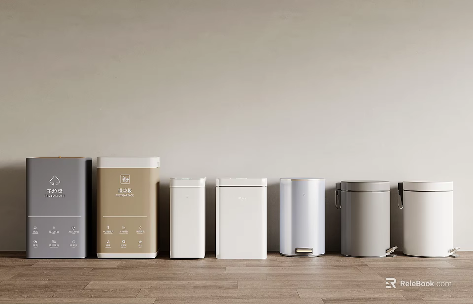Modern Trash Bins in Different Colors with Sleek Design on Wooden Floor Background 3d model 