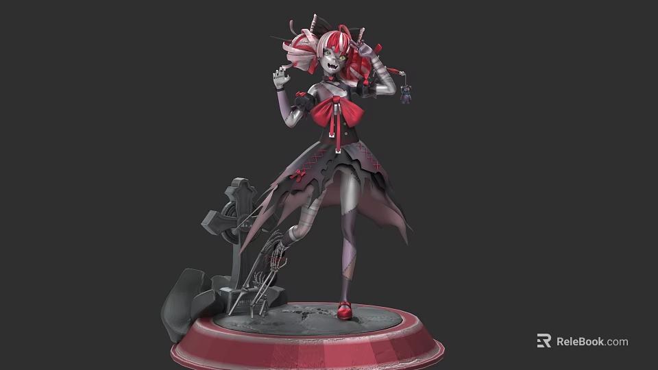 Doll With Red And White Hair Bow Dress Mechanical Parts And Red Base Design 3d model 