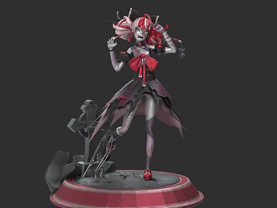 Doll With Red And White Hair Bow Dress Mechanical Parts And Red Base Design 3d model