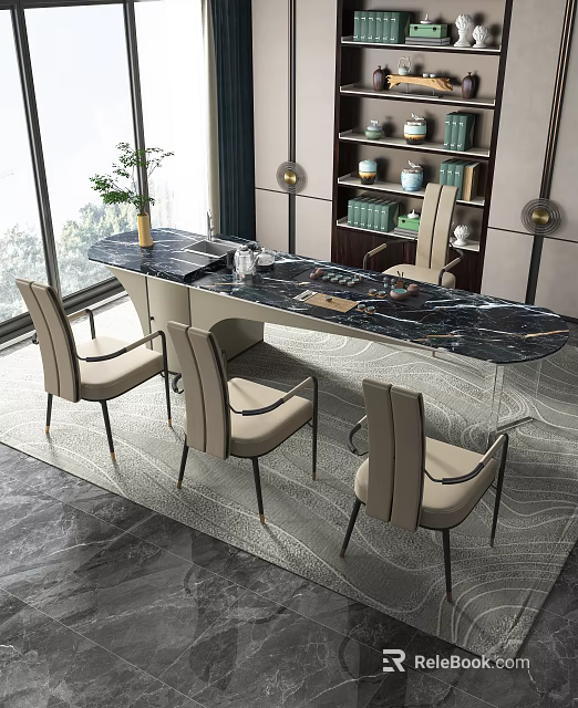 Modern Tea Table with Marble Top and Beige Upholstered Chairs Interior Scene 3d model