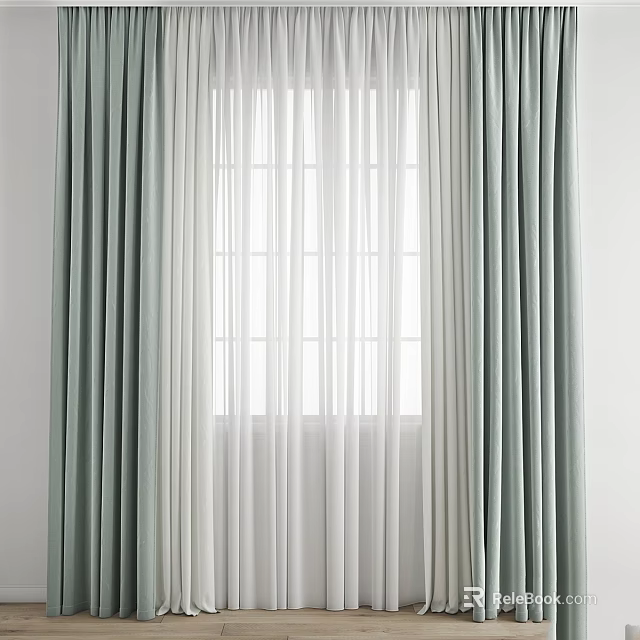 Light Green Curtain Design With White Sheer Panels For Modern Home Window 3d model 