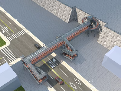 Modern Pedestrian Footbridge Over Urban Road With Railings Crosswalk And Vehicles 3d model