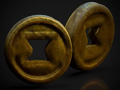 Two Golden Circular Household Items With Square Hole And Textured Surface 3d model