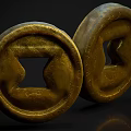 Two Golden Circular Household Items With Square Hole And Textured Surface 3d model