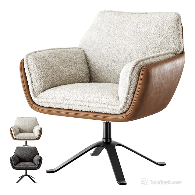 Comfortable Single Seater Sofa With Sheepskin Upholstery Leather Accents And Black Metal Swivel Base 3d model 