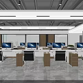 Modern Public Office Space with Open Layout Multiple Computers Desks Chairs Windows and Green Plants 3d model