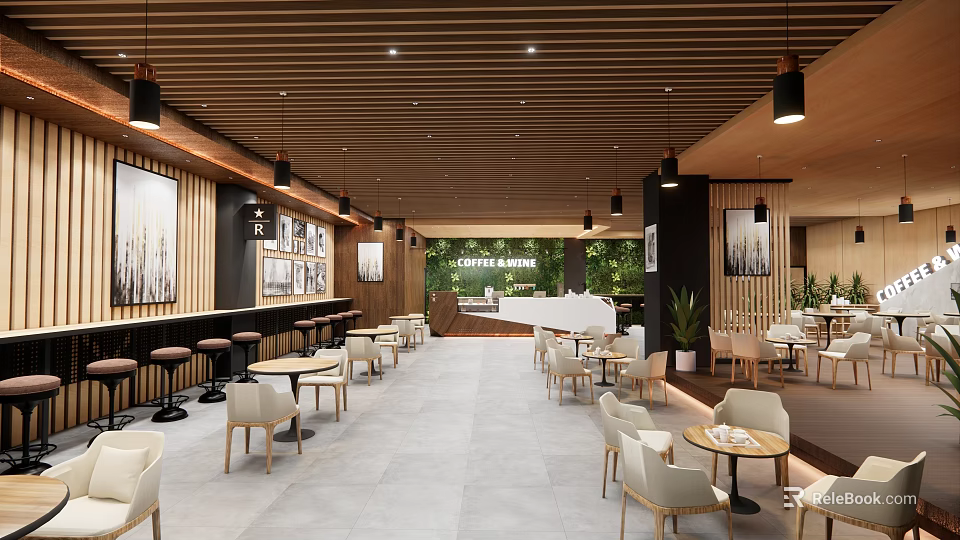 Modern Cafe Interior Design With Wooden Ceiling Pendant Lights Tables Chairs And Green Plants 3d model 