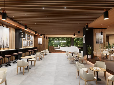 Modern Cafe Interior Design With Wooden Ceiling Pendant Lights Tables Chairs And Green Plants 3d model