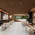 Modern Cafe Interior Design With Wooden Ceiling Pendant Lights Tables Chairs And Green Plants