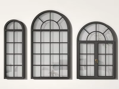 Modern Black Frame Casement Windows With Arched Tops And Grid Glass Design 3d model