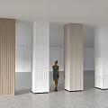 Wooden And White Vertical Striped Columns In Modern Open Space With Hexagonal Tiles