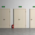 Three Sets Of Light Colored Double Doors With Green Indicator Lights And Red Fire Extinguisher