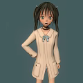 3D Model Anime Character Girl With Green Eyes Pigtails And Blue Ribbon In Beige Coat Standing Pose