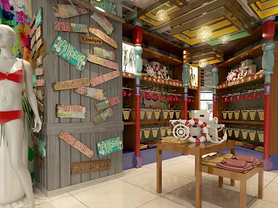 Vibrant Clothing Store Interior With Swimwear Mannequin Colorful Graffiti Wall And Wooden Shelves 3d model
