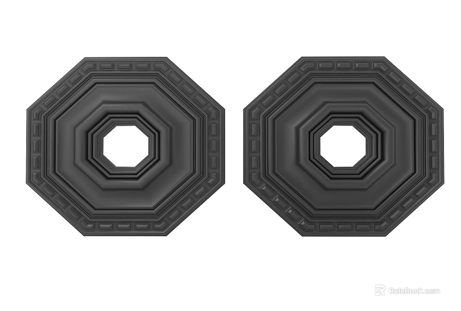 Black Octagonal Decorative Carving Plates With Circular Hole And Intricate Edge Patterns 3d model