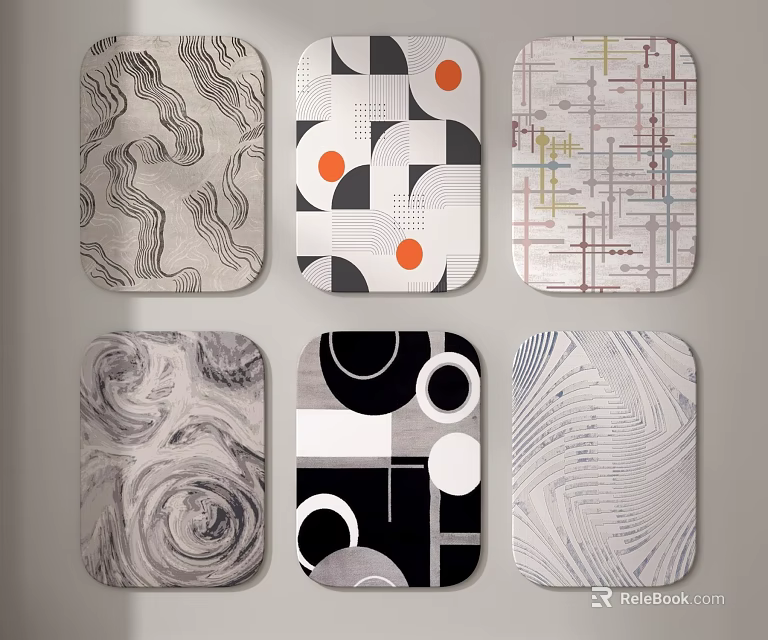Modern Square Rugs Featuring Geometric Abstract Wave Patterns In Black White Gray And Orange Accents 3d model 