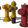 Multiple Red And Yellow Fire Hydrants With Various Designs On 3d model