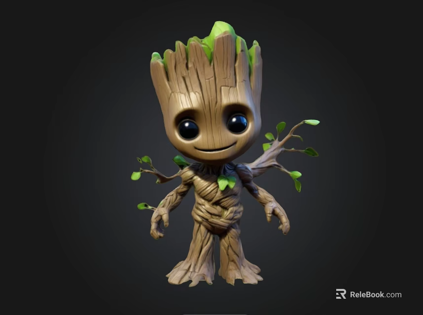 Cute Baby Groot Character With Wooden Body Green Leaves And Big Eyes 3d model 