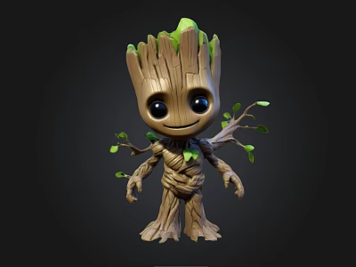 Cute Baby Groot Character With Wooden Body Green Leaves And Big Eyes 3d model