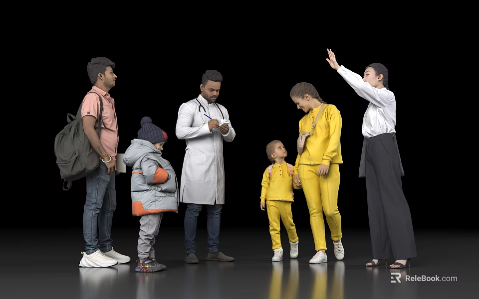 Group of People with Different Ages and Various Clothing Interacting in Black Background 3d model 