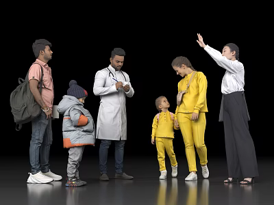 Group of People with Different Ages and Various Clothing Interacting in Black Background 3d model