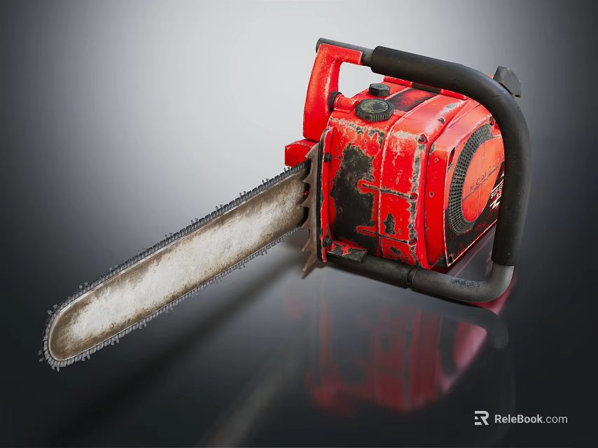Red Chainsaw Featuring Black Handle And Sharp Metal Cutting Chain 3d model 