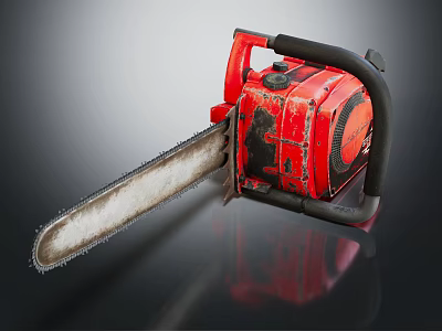 Red Chainsaw Featuring Black Handle And Sharp Metal Cutting Chain 3d model