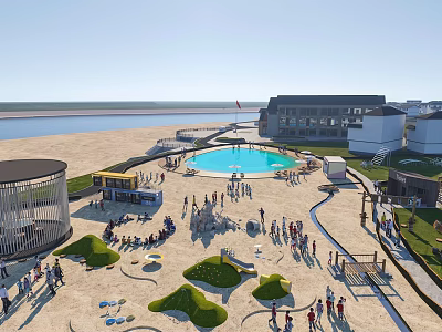 Lush Garden Landscape Design With Swimming Pool Sandy Beach Greenery And Leisure Spaces 3d model