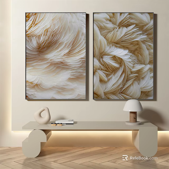 Elegant Feather Textured Paintings Above White Console Table With Decor Items And Lamp 3d model