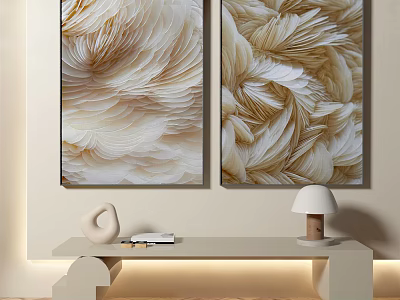 Elegant Feather Textured Paintings Above White Console Table With Decor Items And Lamp 3d model