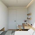 Tatami Bedroom Interior With Minimalist Design Built in Wardrobes Desk Wooden Flooring And White Blinds