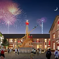 Night Scene Commercial Street With Fireworks Red Lanterns Colored Flags Red Brick Buildings And Pedestrians