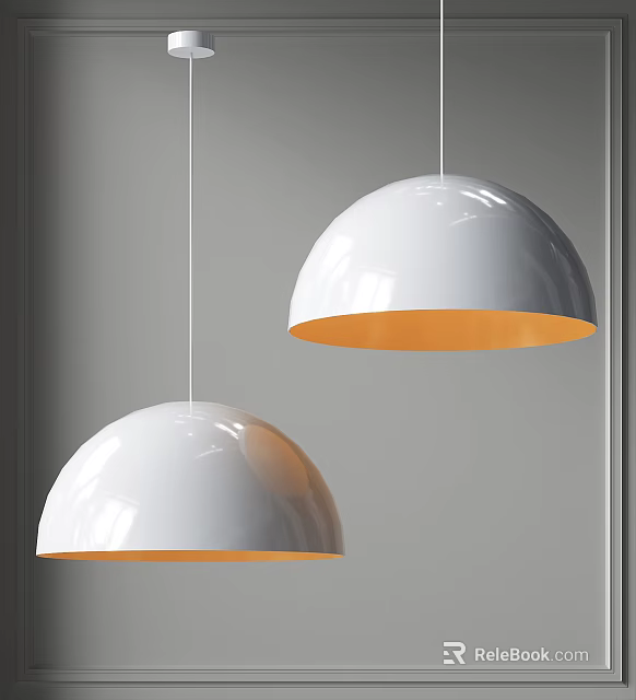 Two White Dome Shaped Pendant Lights With Orange Inner For Modern Interior 3d model
