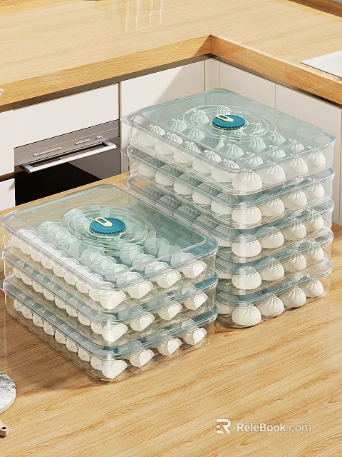 Organized Kitchen Countertop With Stacked Transparent Containers Storing Fresh Dumplings 3d model
