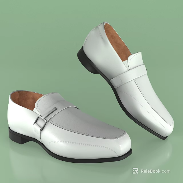 White Leather Loafers Shoes With Buckle Detail Black Soles And Brown Insoles 3d model 