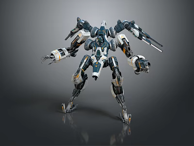 Futuristic Mechanical Warrior Robot With Multi Armed Structure And Combat Weapons 3d model
