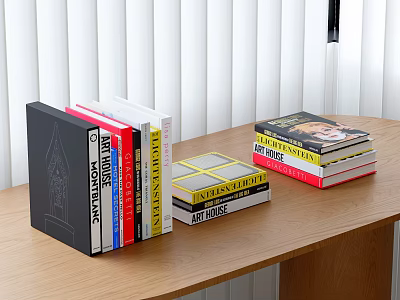Books On Wooden Desk With Stacked And Upright Spines And Colorful Cover Details 3d model