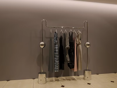 Modern Metal Garment Rack With Spherical Accents And Square Bases Holding Various Colored Clothes 3d model